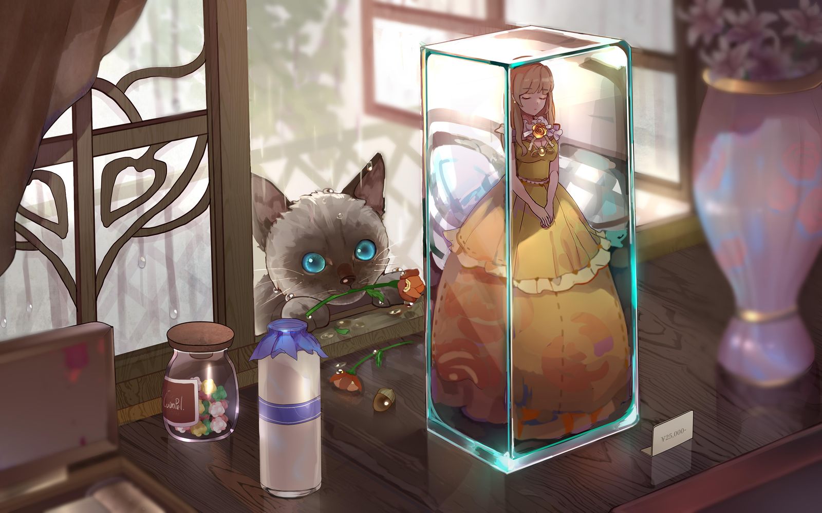 Enchanting Girl Doll & Cute Cat Rainy Day Wall Art