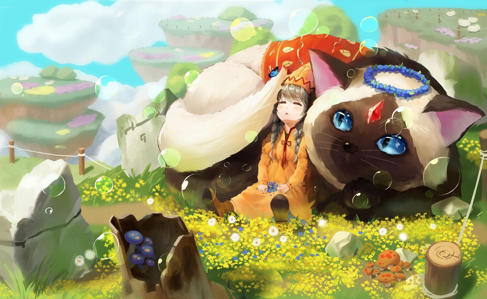 Anime Girl & Giant Cat Dreamscape Wall Art