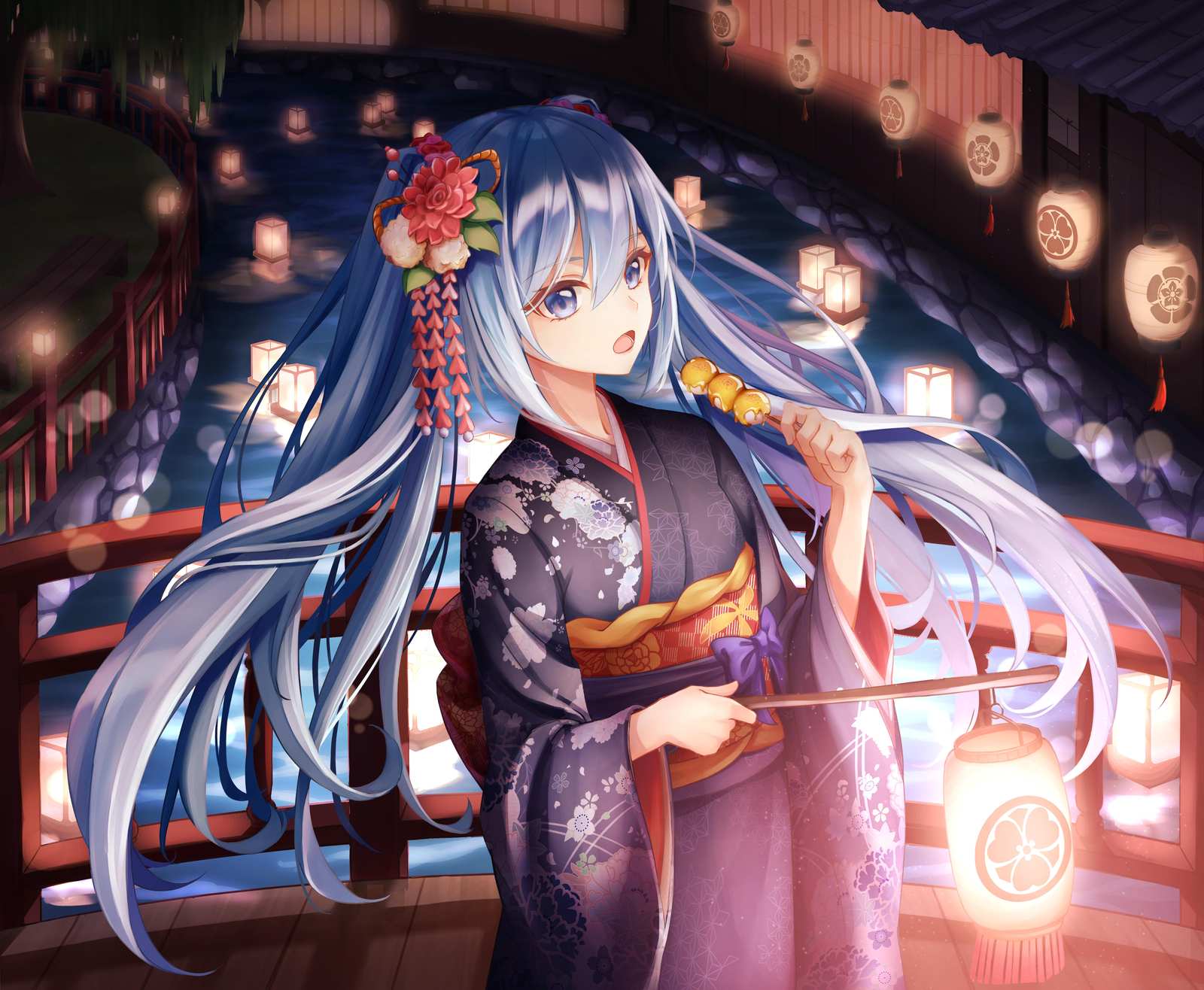 Enchanting Anime Girl Kimono Lantern Festival Wall Art