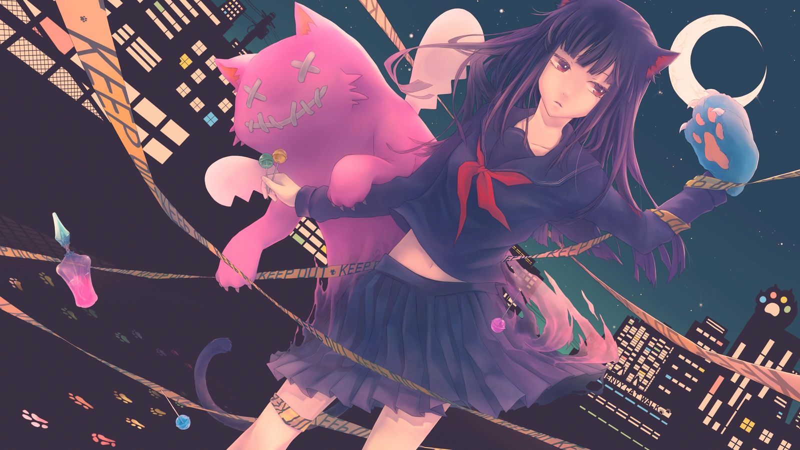 Anime Cat Girl Cityscape Wall Art