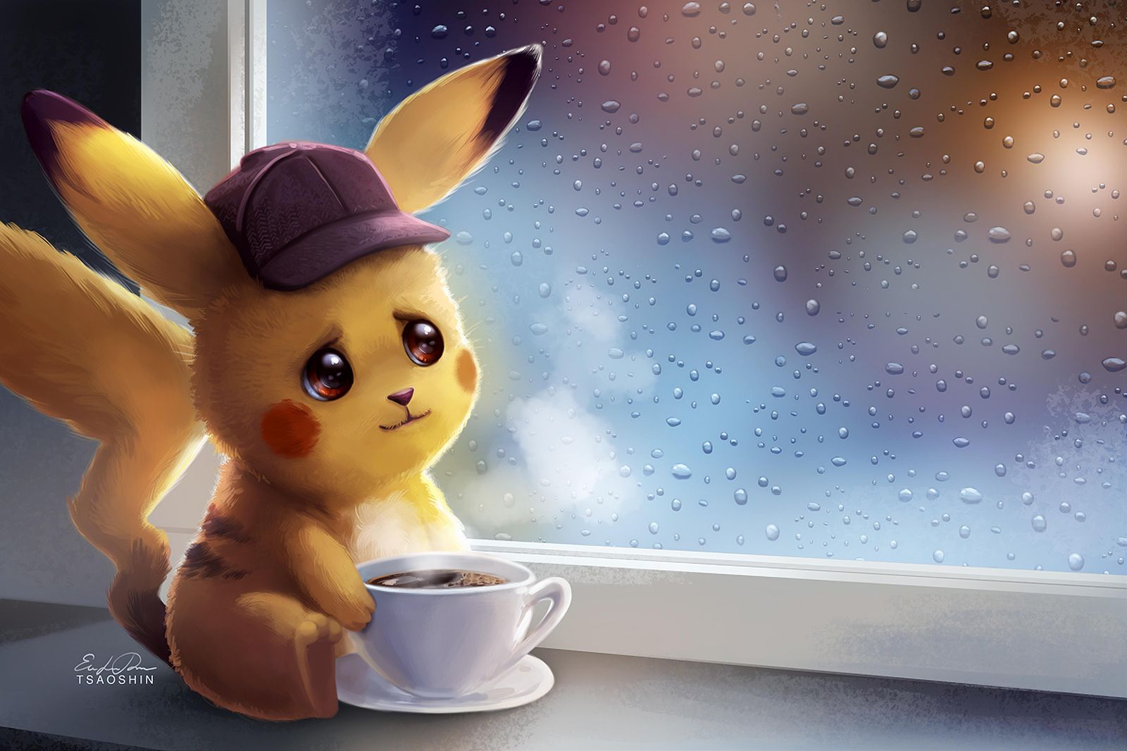 Cozy Detective Pikachu Rainy Day Wall Art