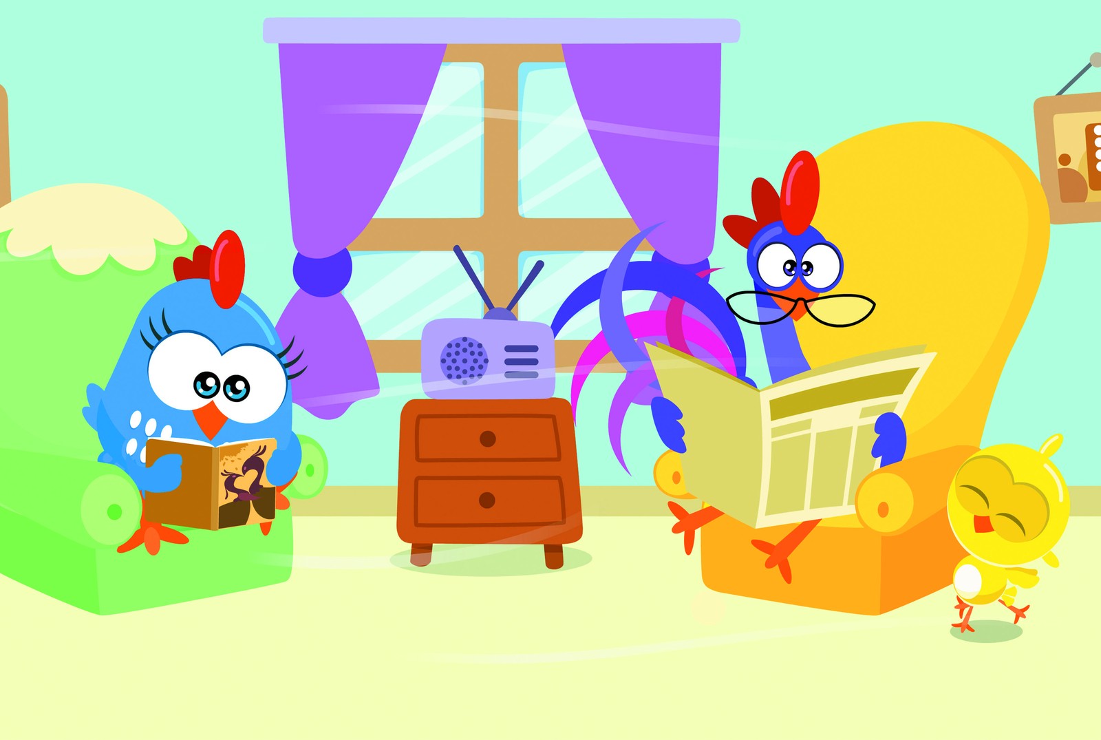 Cute Chickens Reading & Relaxing Wall Art