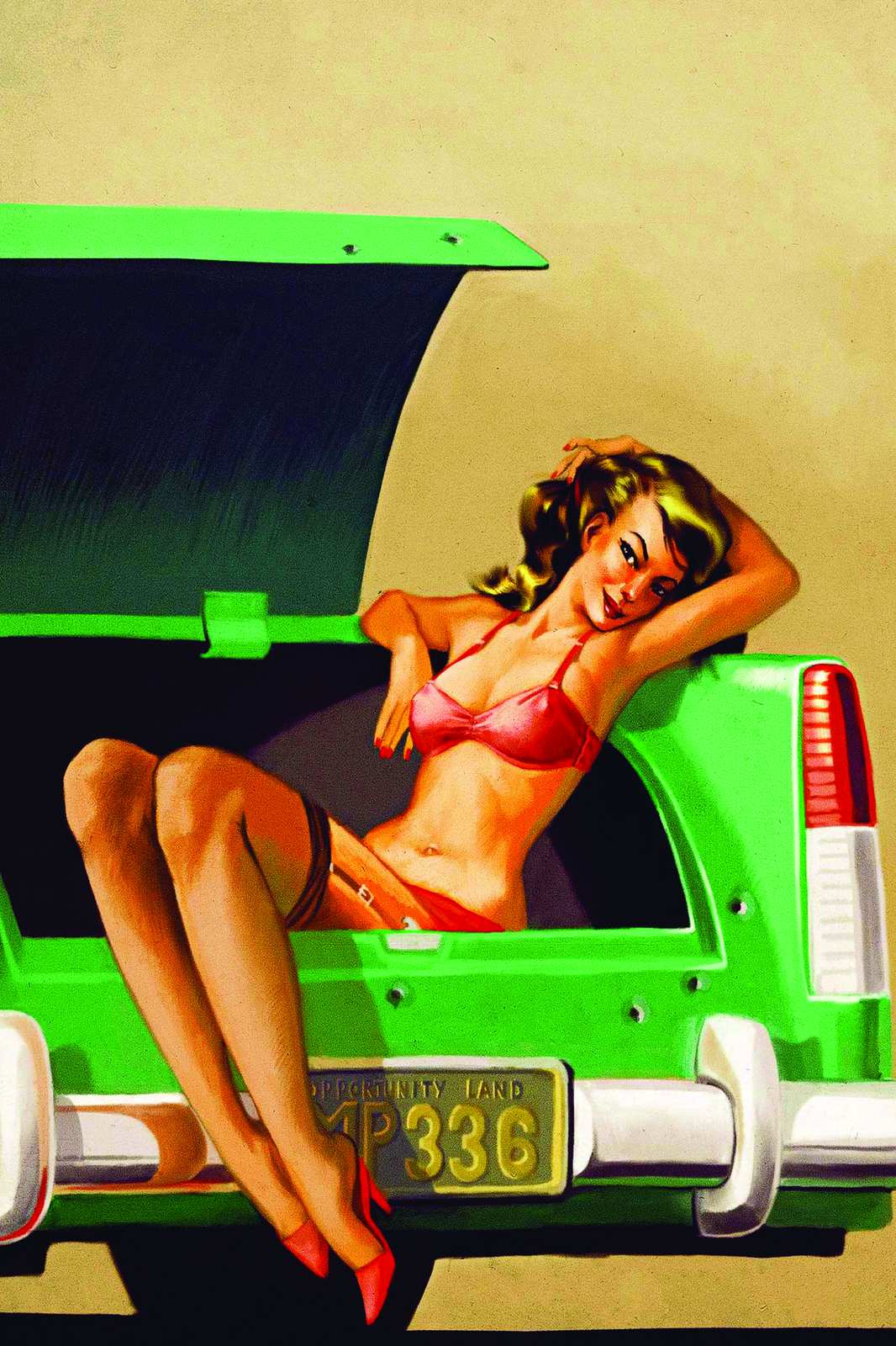 Retro Pin-Up Girl in Green Car Wall Art