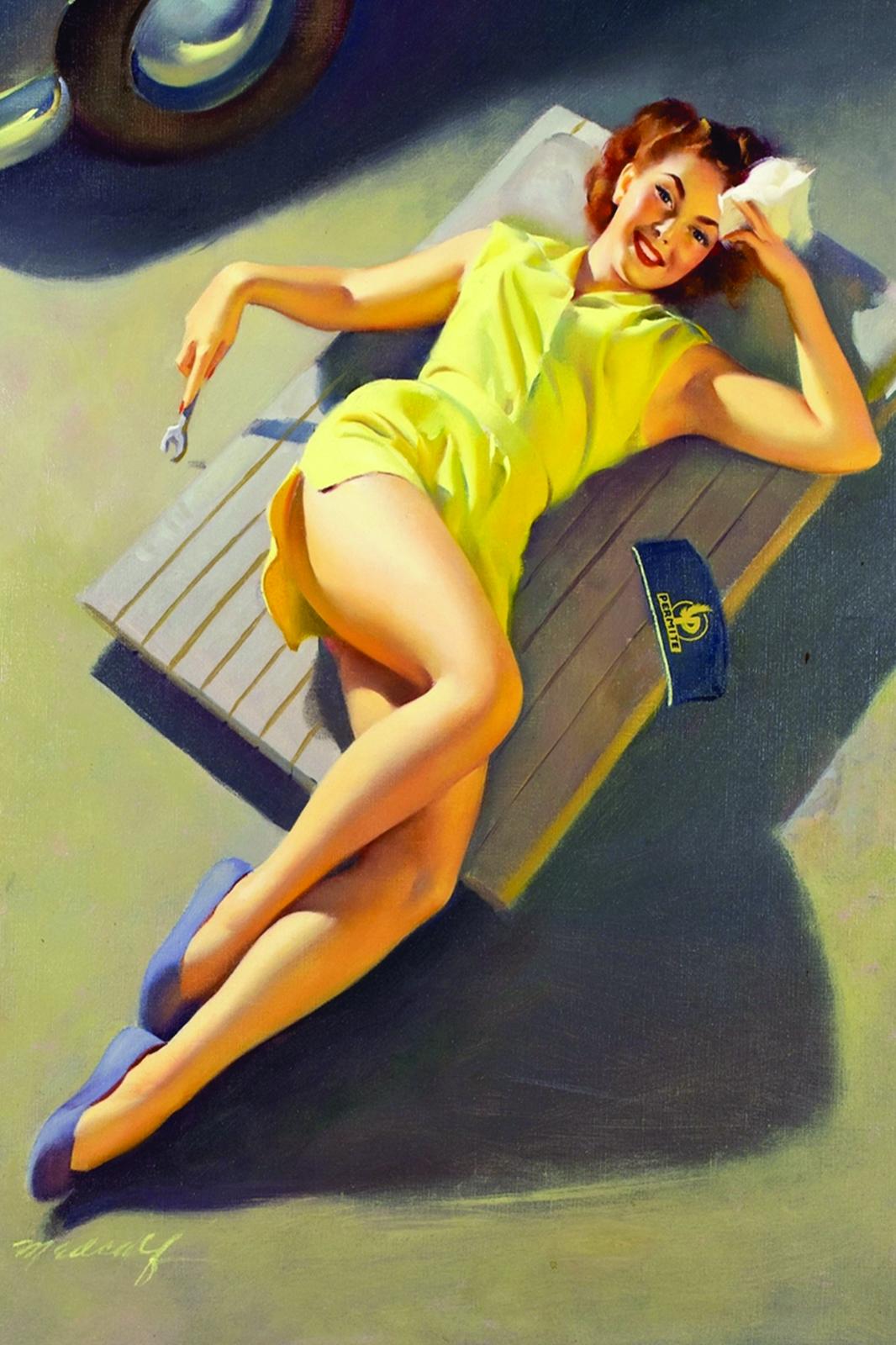Retro Mechanic Pin-Up Girl Yellow Dress Wall Art