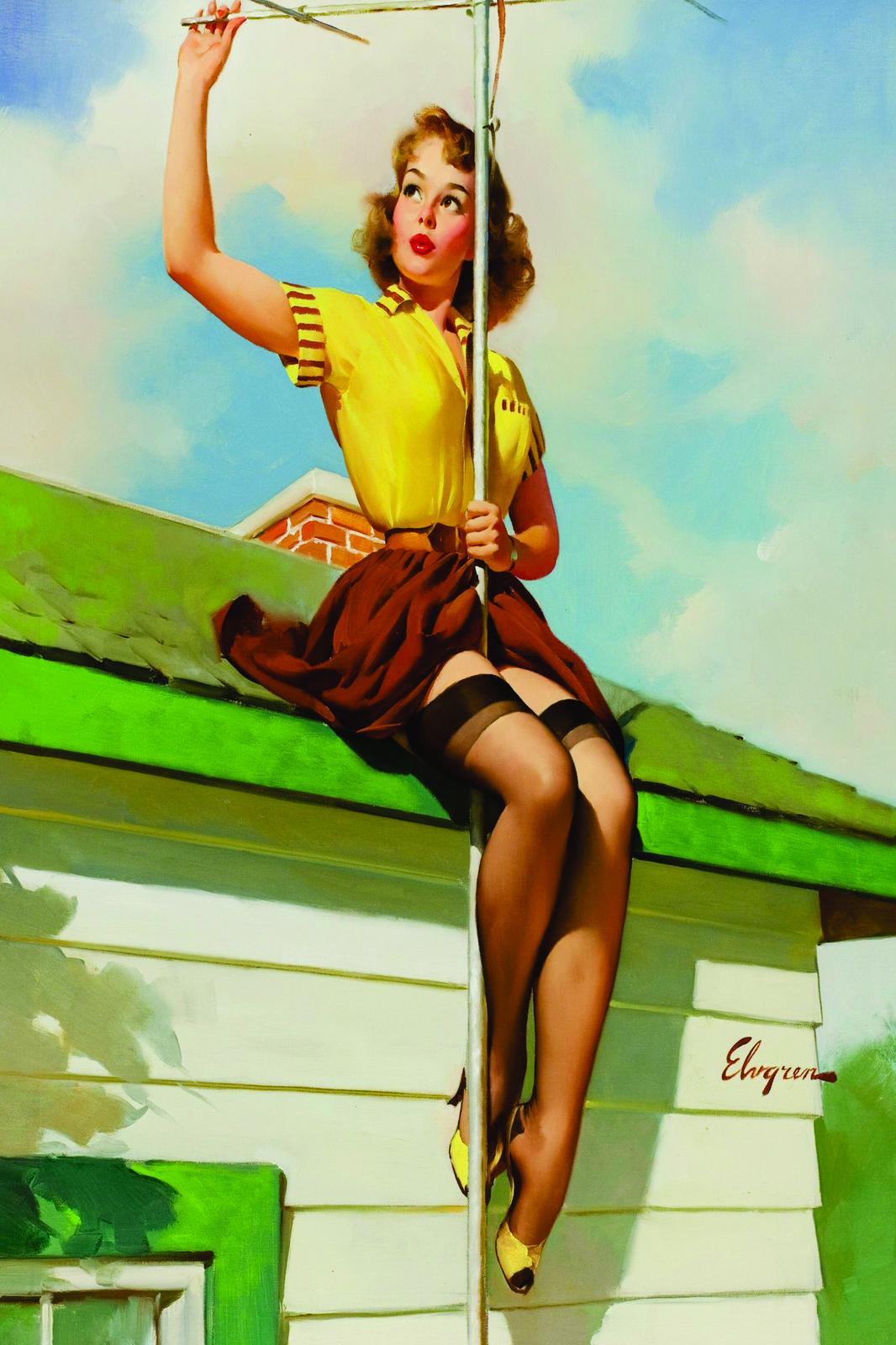 Retro Pin-Up Girl on Roof Wall Art
