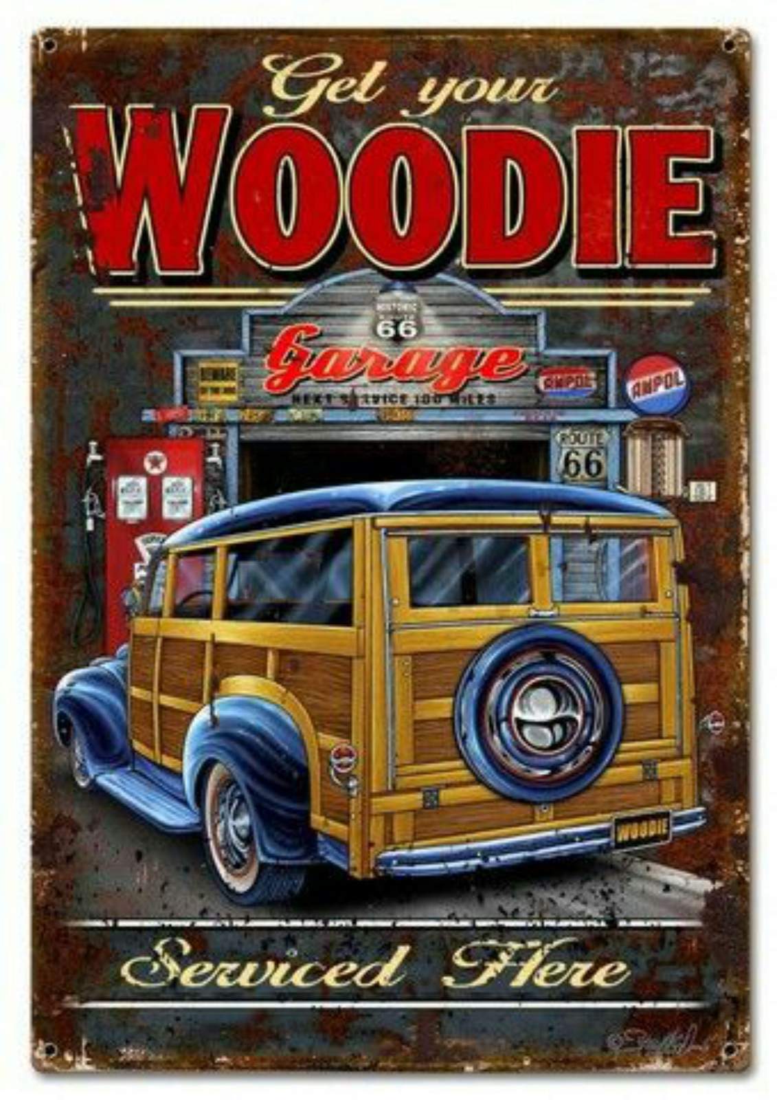 Retro Woodie Garage Route 66 Wall Art