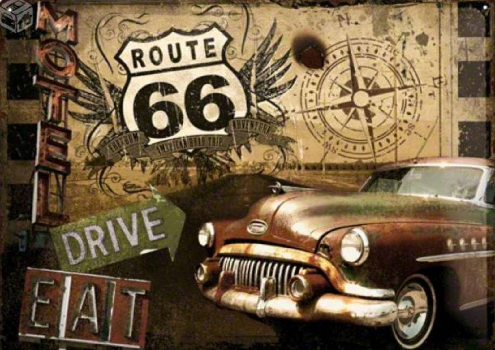 Vintage Route 66 Car & Compass Wall Art