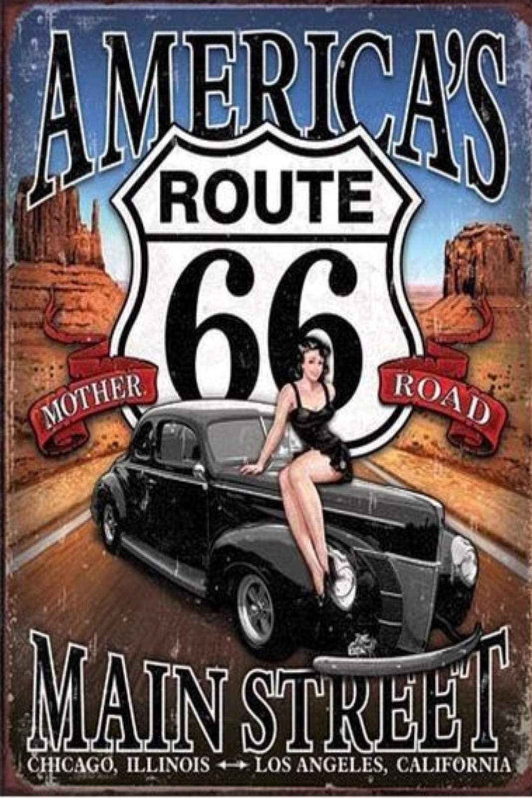 Route 66 Pin-Up Car Metal Wall Art Wall Art