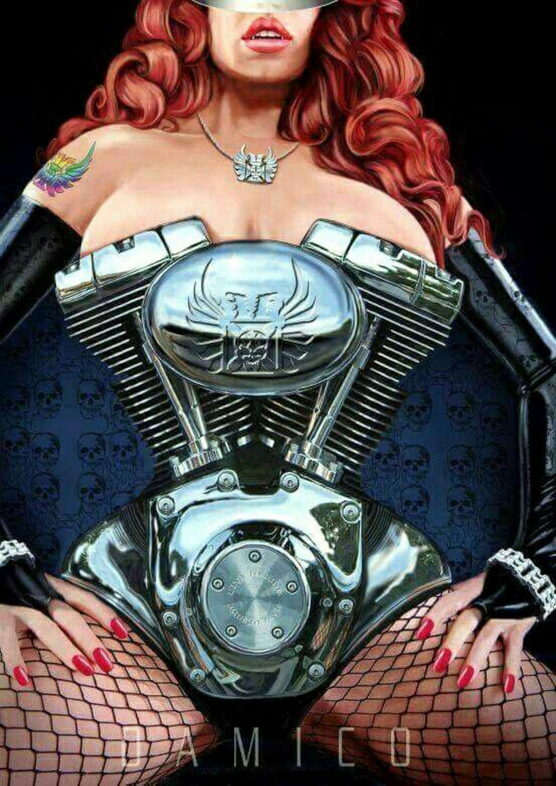 Chrome Biker Babe & Motorcycle Engine Wall Art