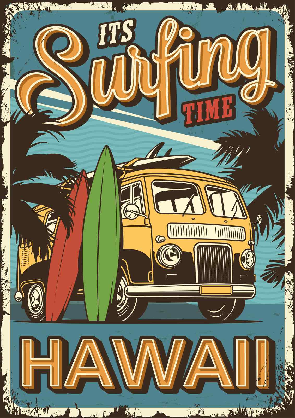 Vintage Hawaii Surfing Van Wall Art