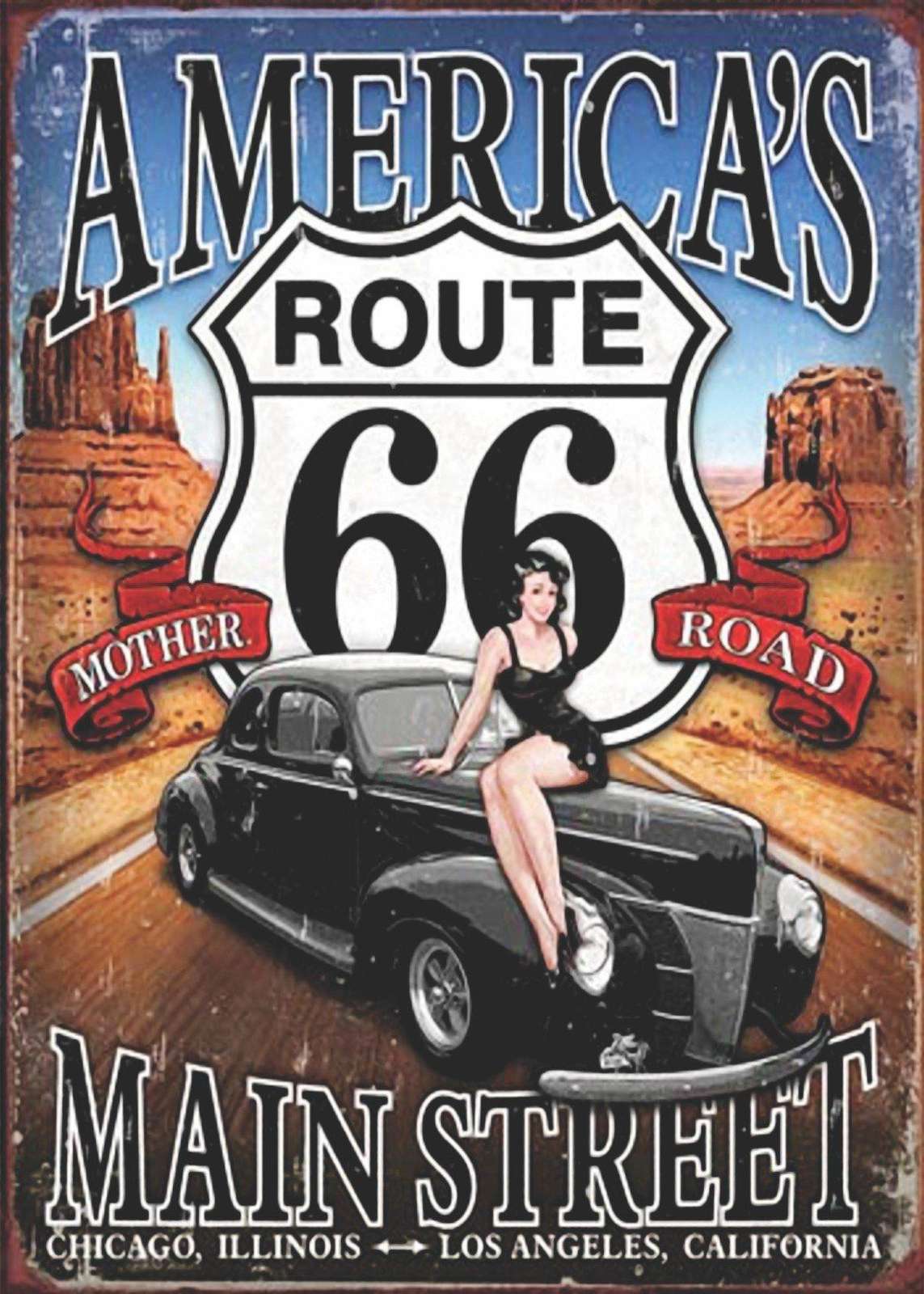Retro Route 66 Classic Car & Pin-Up Wall Art