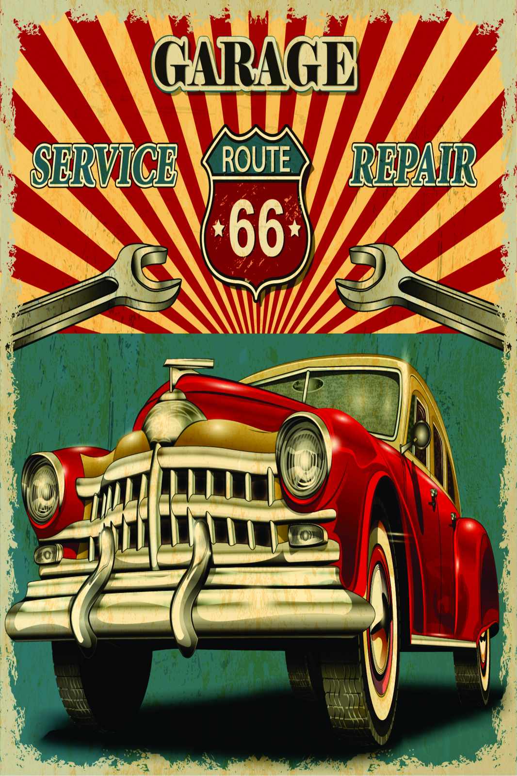 Vintage Route 66 Garage Car Wall Art