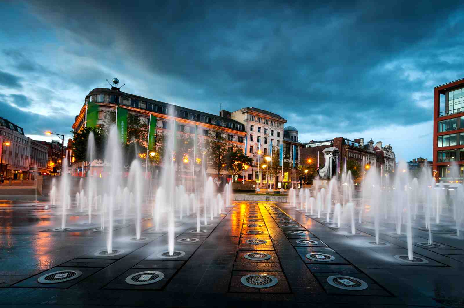 Urban Fountain at Dusk Wall Art