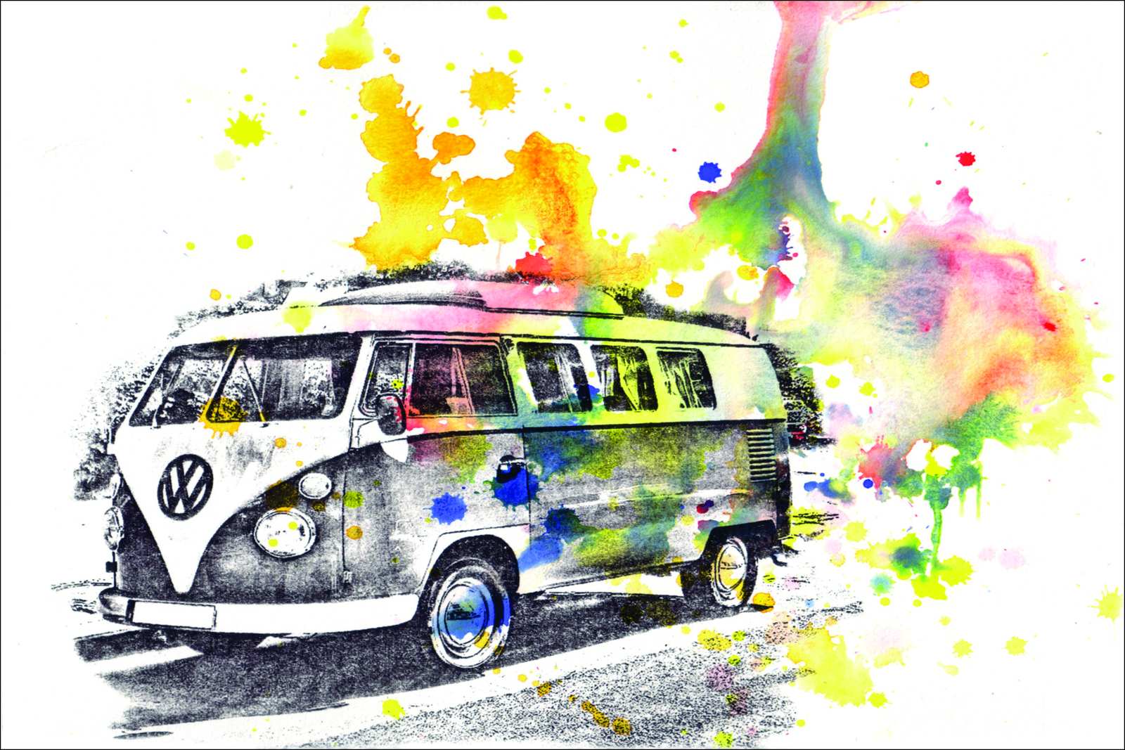 Retro VW Bus Watercolor Splatter Wall Art