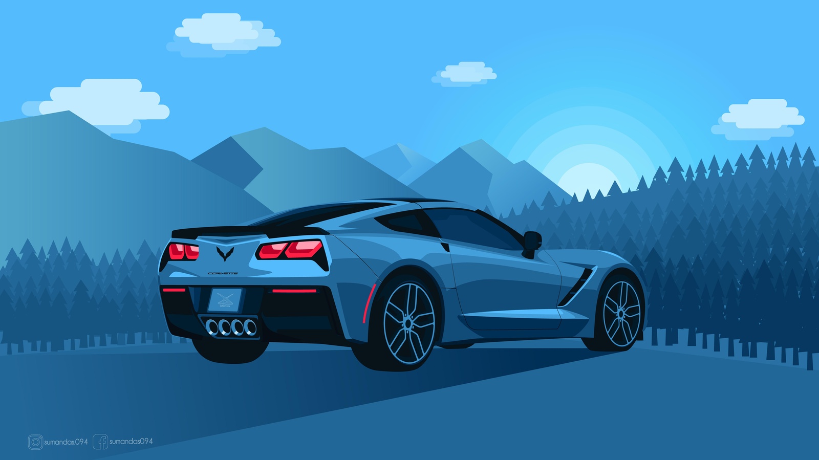 Blue Corvette Mountain Sunrise Wall Art
