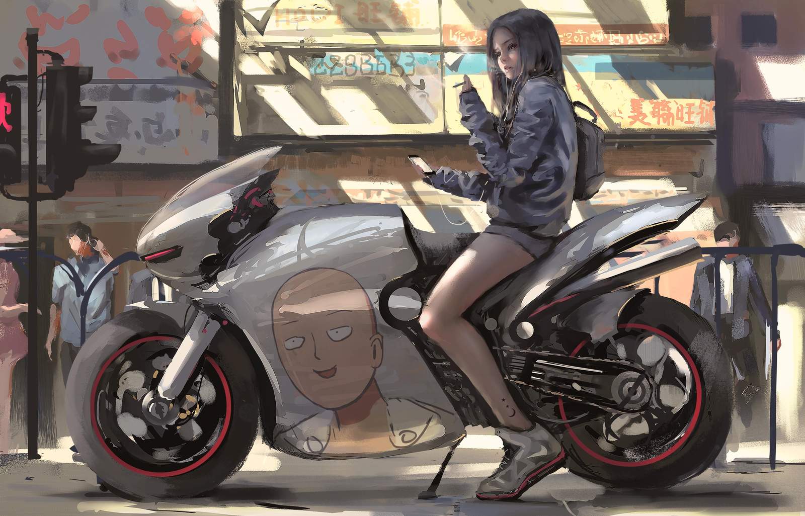 Anime Girl & Saitama Motorcycle Wall Art