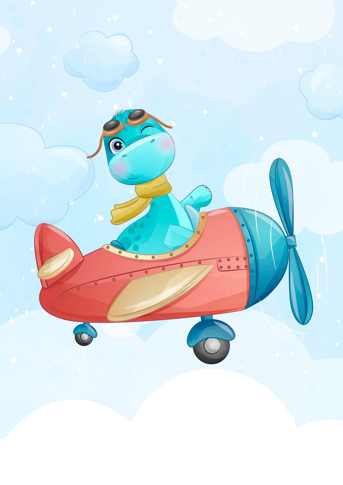 Cute Dino Pilot Airplane Adventure Wall Art