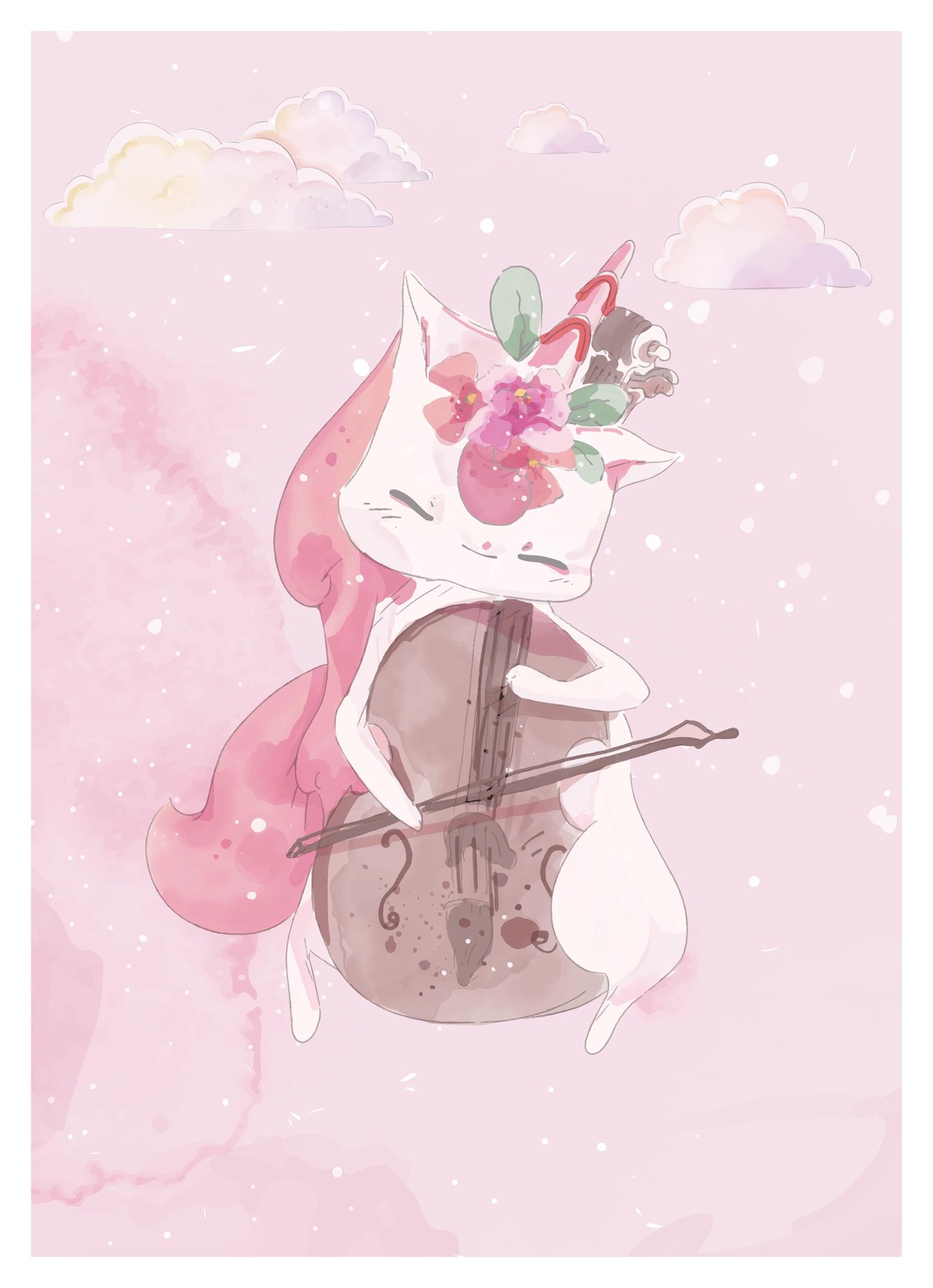Whimsical Cello Cat Unicorn Floral Wall Art