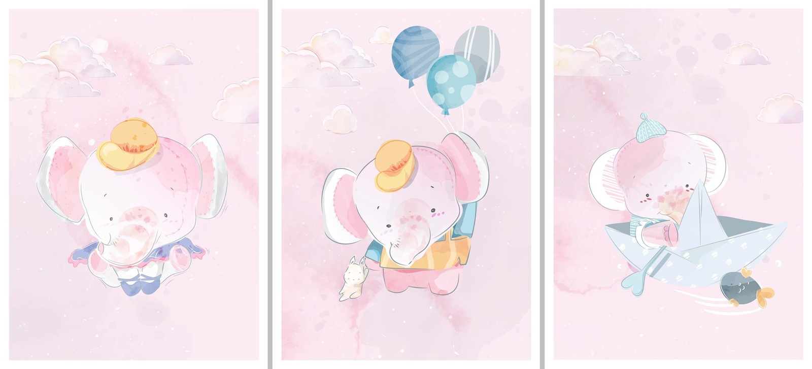 Adorable Elephant Adventure Triptych Wall Art