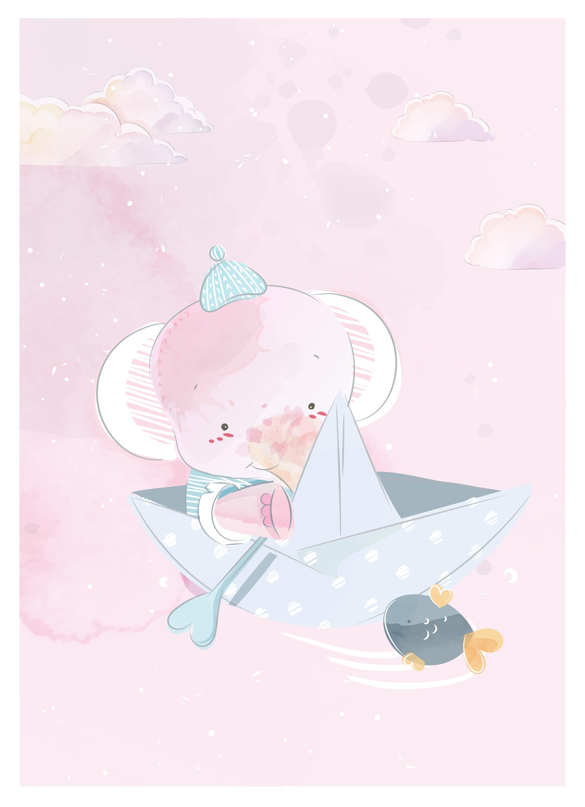 Cute Elephant Sailing Paper Boat Wall Art