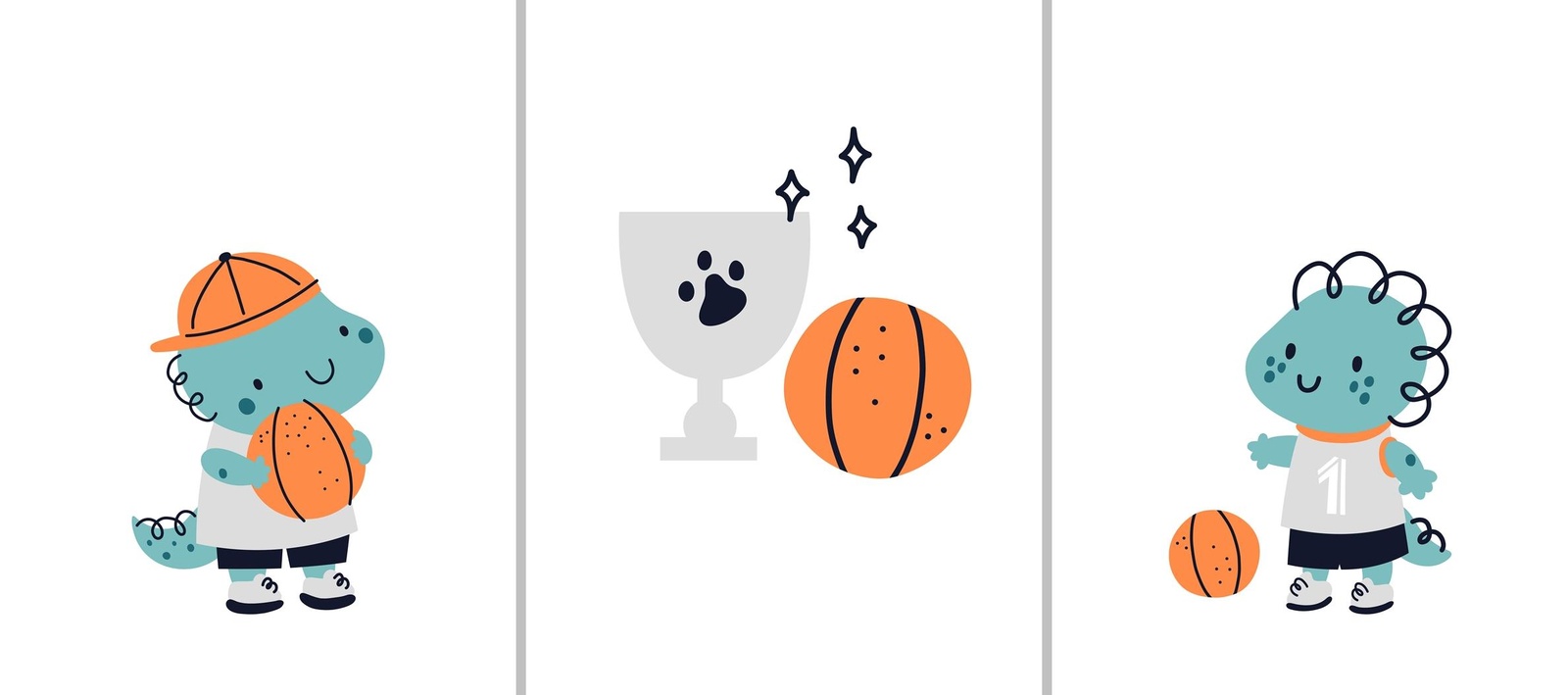 Cute Dinosaur Basketball Trio Wall Art