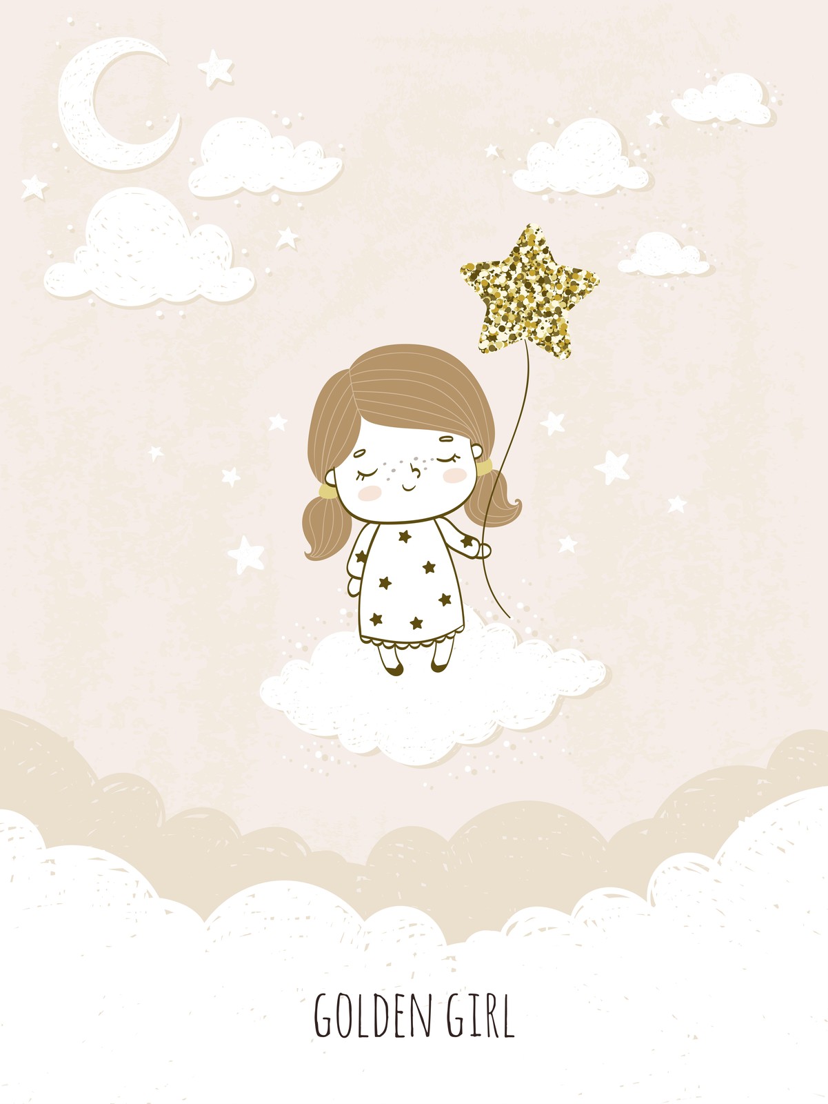 Golden Star Girl Dreamy Cloud Wall Art