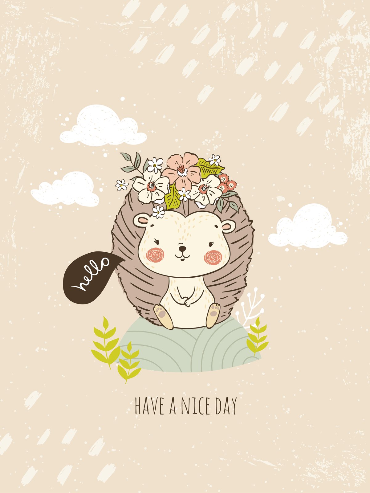 Cute Hedgehog 'Hello' Floral Wall Art