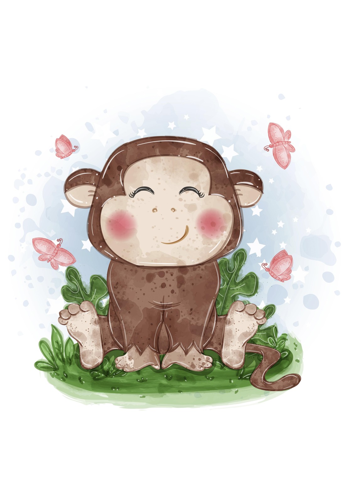 Cute Monkey & Butterflies Watercolor Wall Art