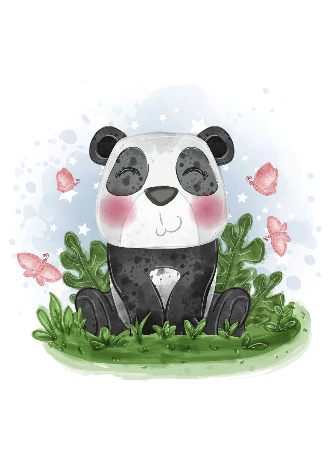Cute Panda & Butterflies Watercolor Wall Art