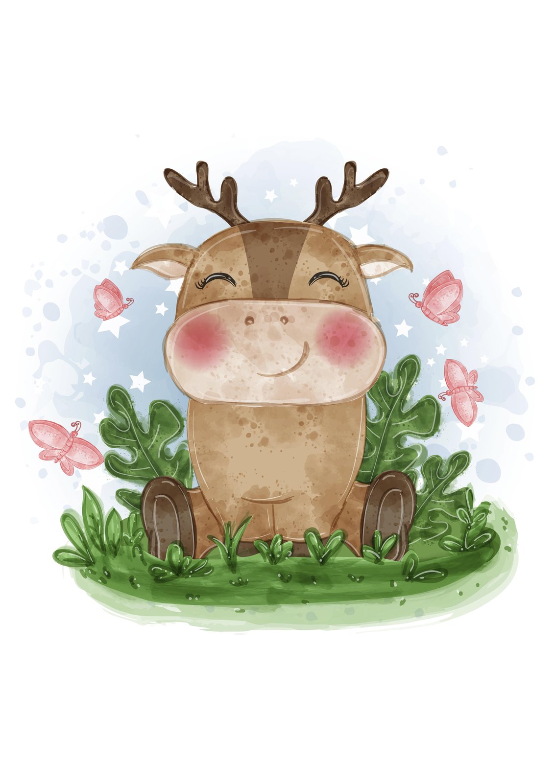 Cute Baby Deer & Butterflies Nursery Art Wall Art
