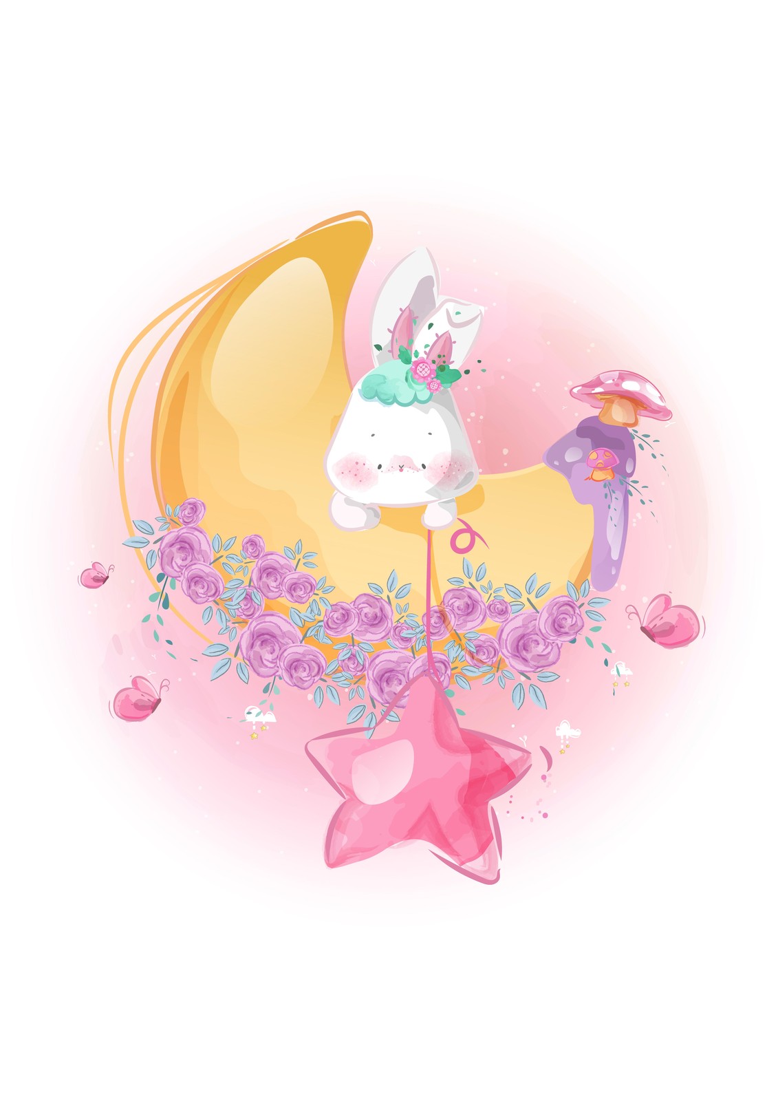 Whimsical Bunny Star Moon Wall Art