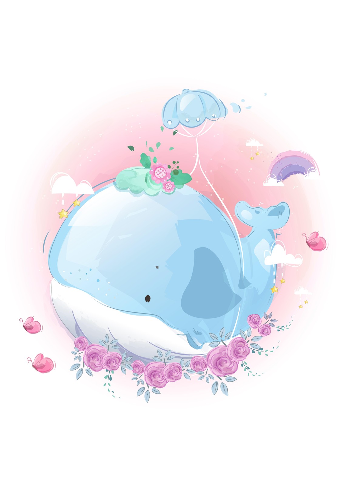 Cute Whale & Flowers Watercolor Wall Art