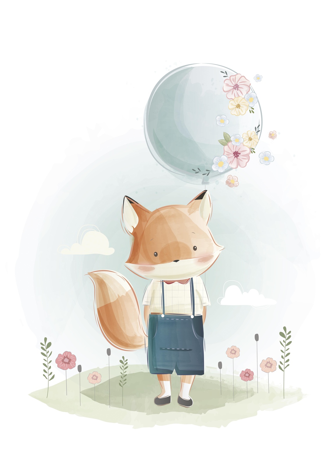 Cute Fox with Balloon Watercolour Wall Art