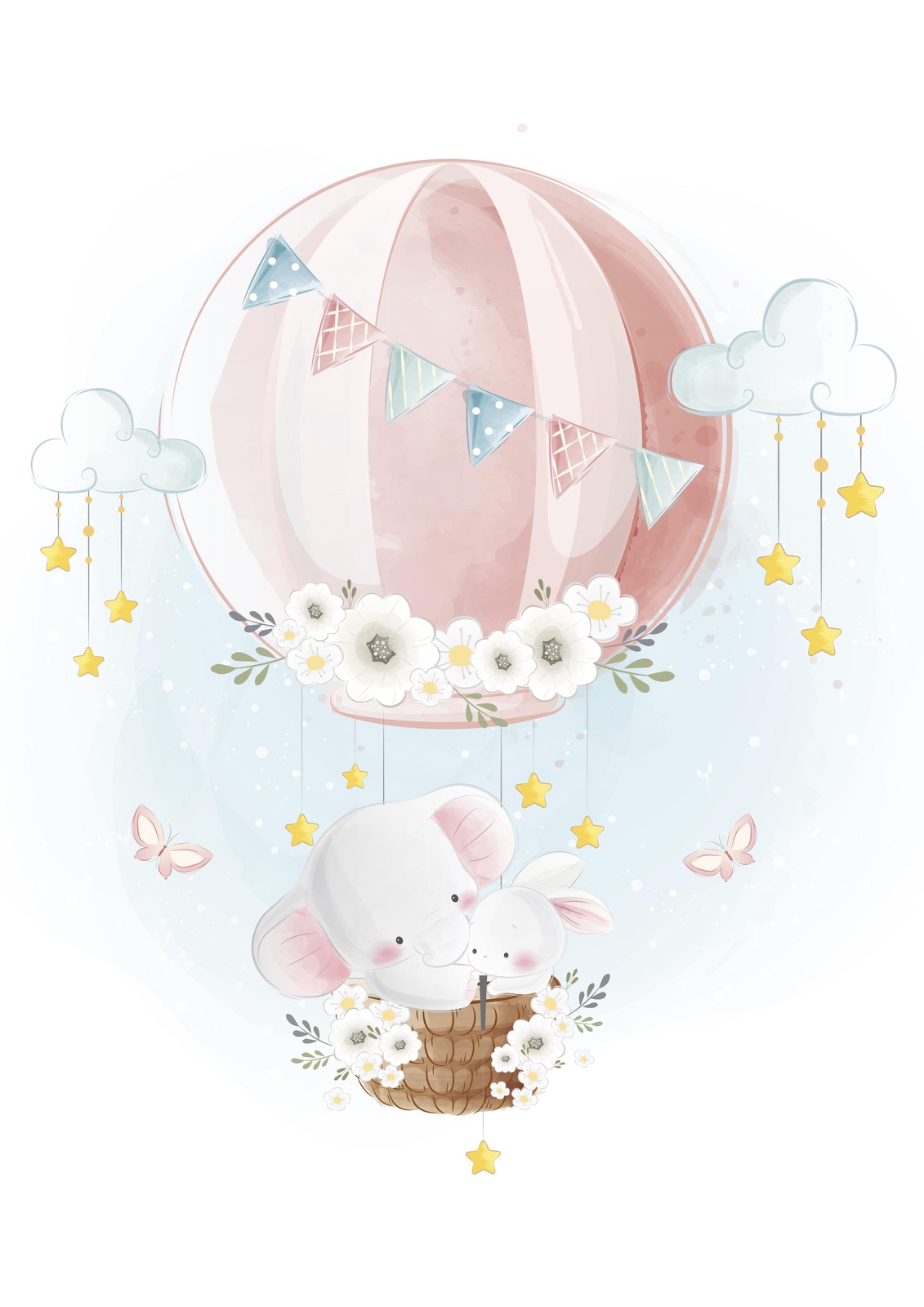 Adorable Elephant & Bunny Hot Air Balloon Wall Art