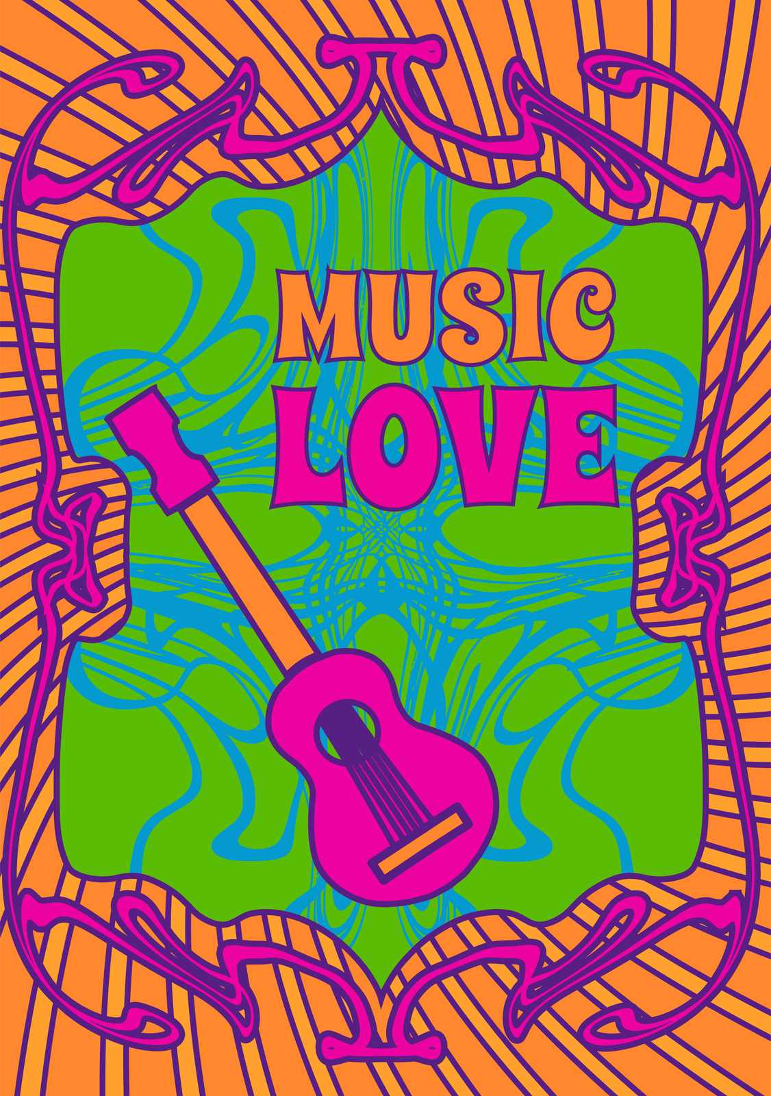Retro Psychedelic Music Love Guitar Wall Art