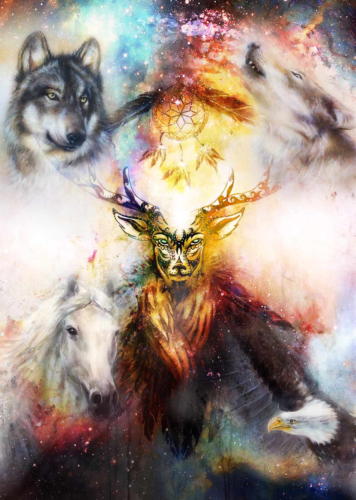 Mystic Spirit Animals Cosmic Wolf Dreamcatcher Wall Art