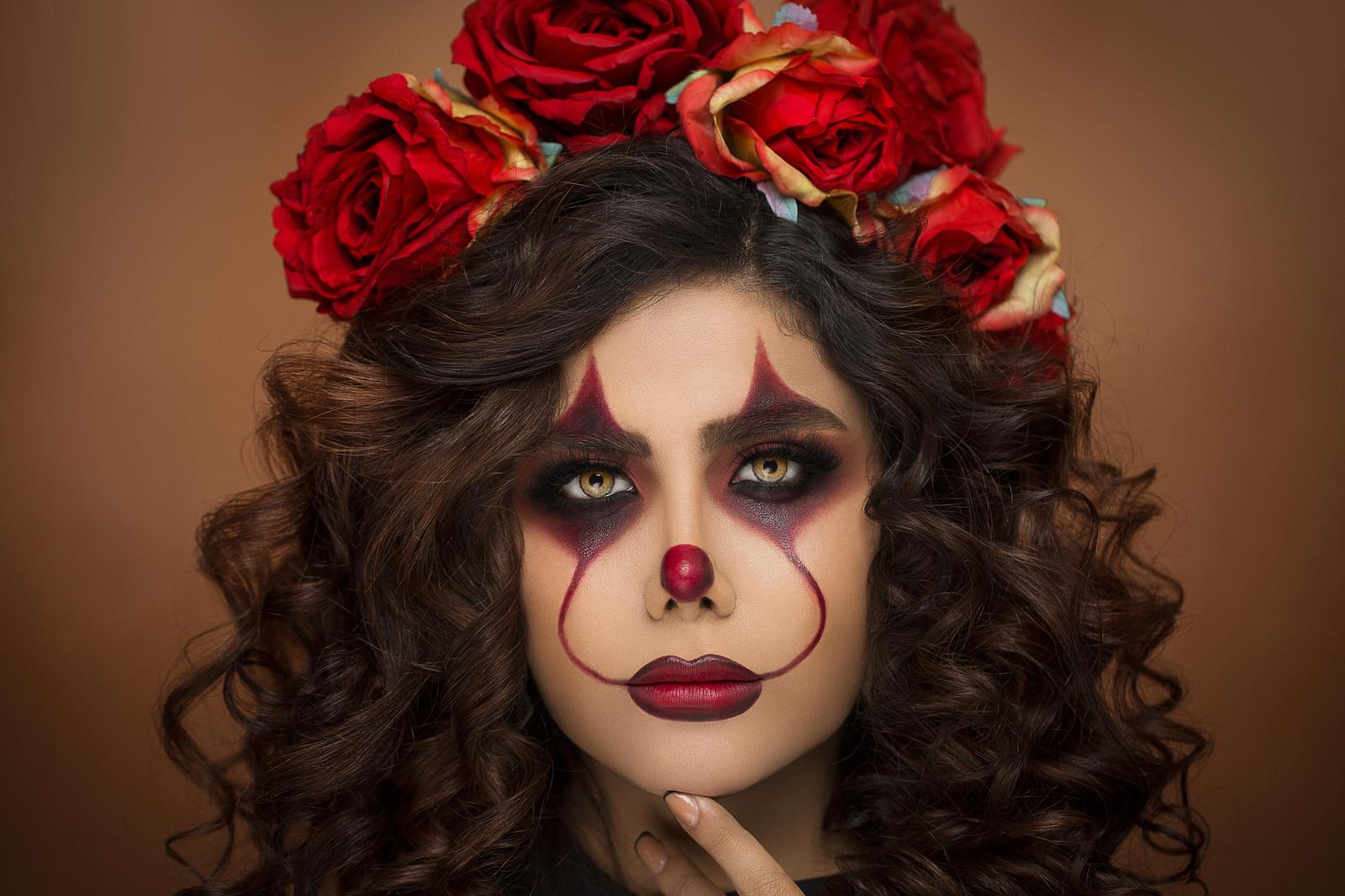 Enigmatic Clown Beauty Red Roses Wall Art