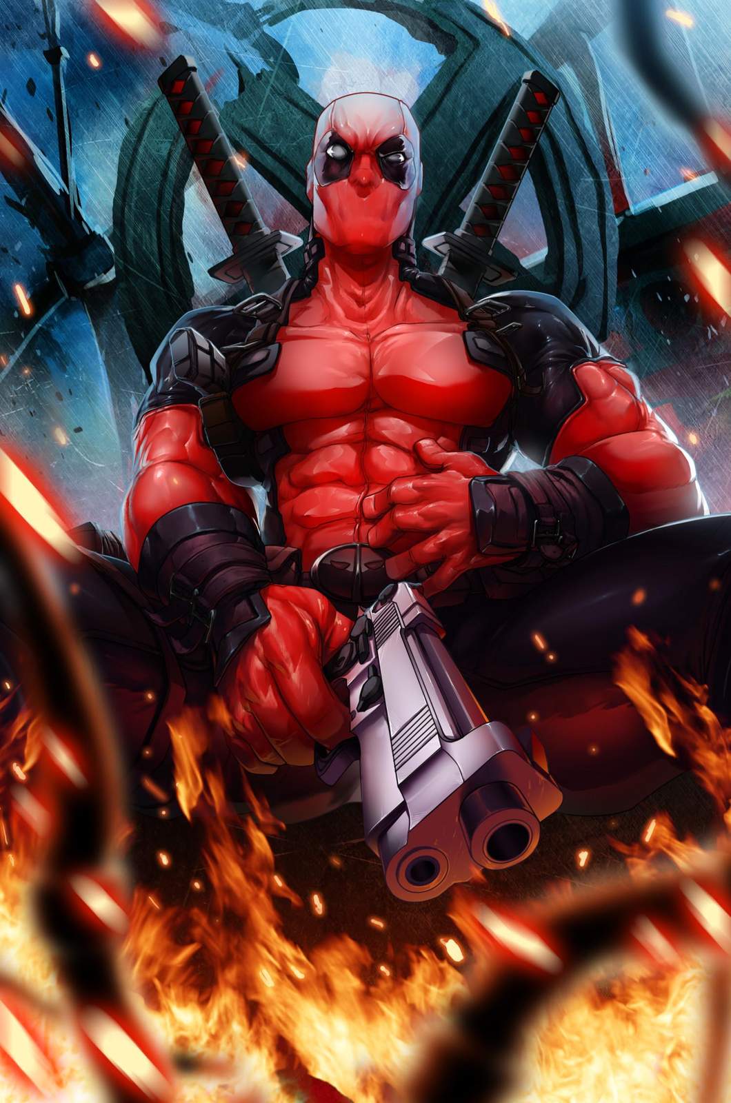Epic Deadpool Fire and Sword Wall Art