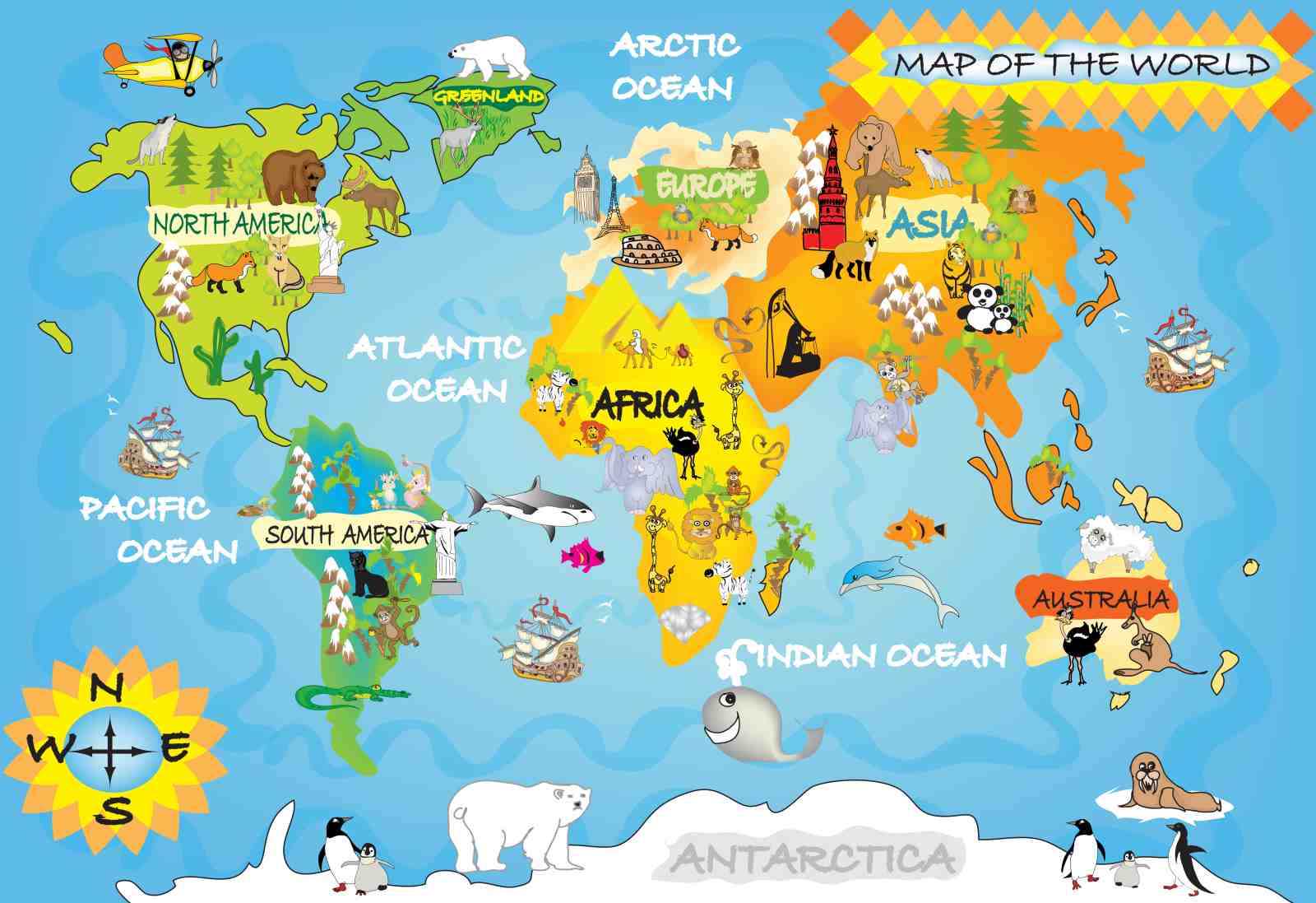 Playful World Map Animal Adventure Wall Art