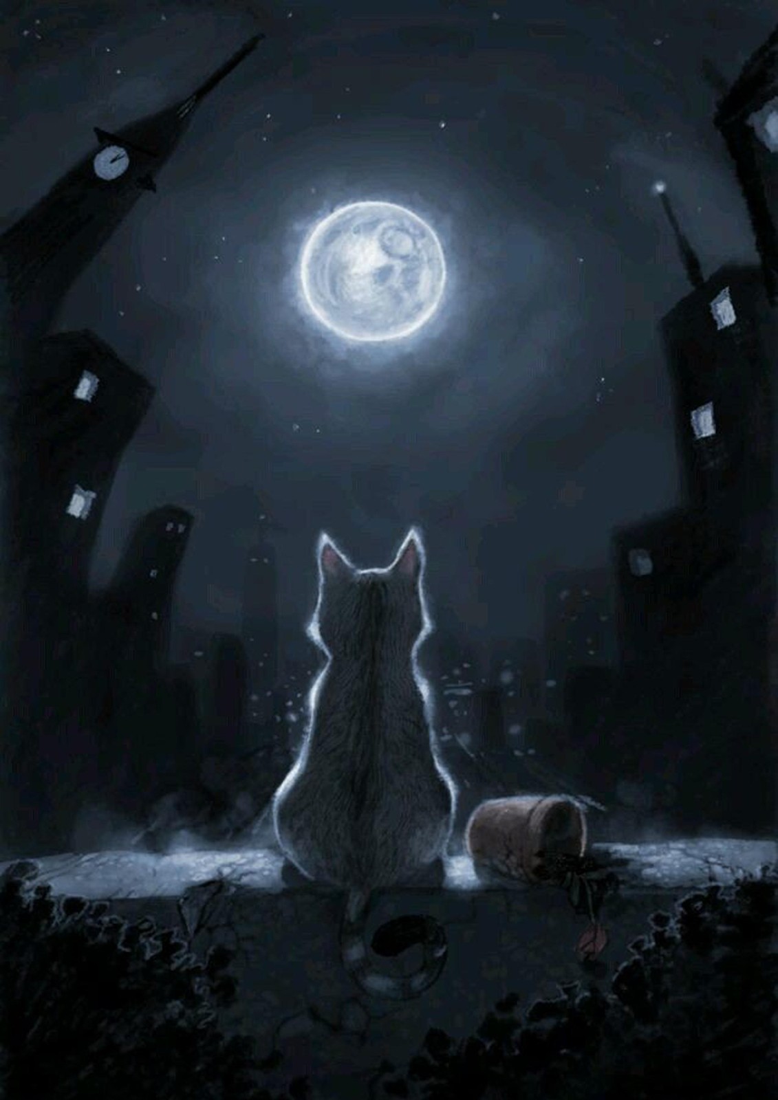 Enigmatic Cat Under Moonlit City Wall Art