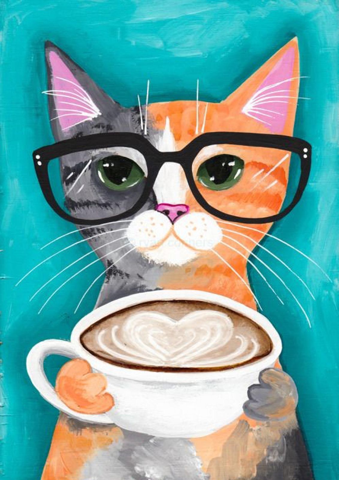 Whimsical Cat with Coffee Wall Art