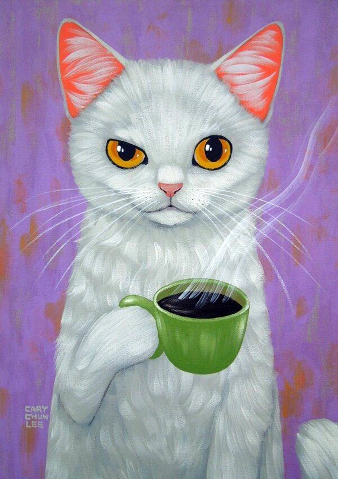Whimsical White Cat with Coffee Wall Art