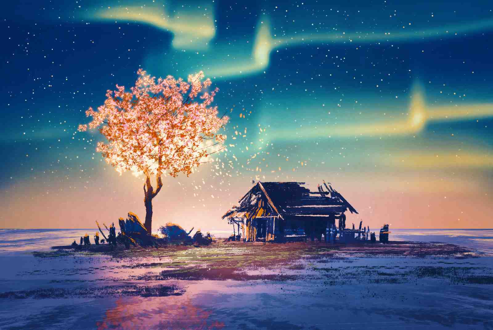 Enchanting Aurora Cabin Landscape Wall Art