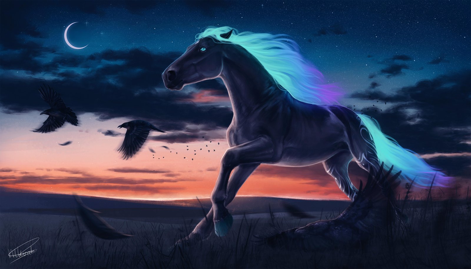 Mystical Night Horse & Ravens Wall Art