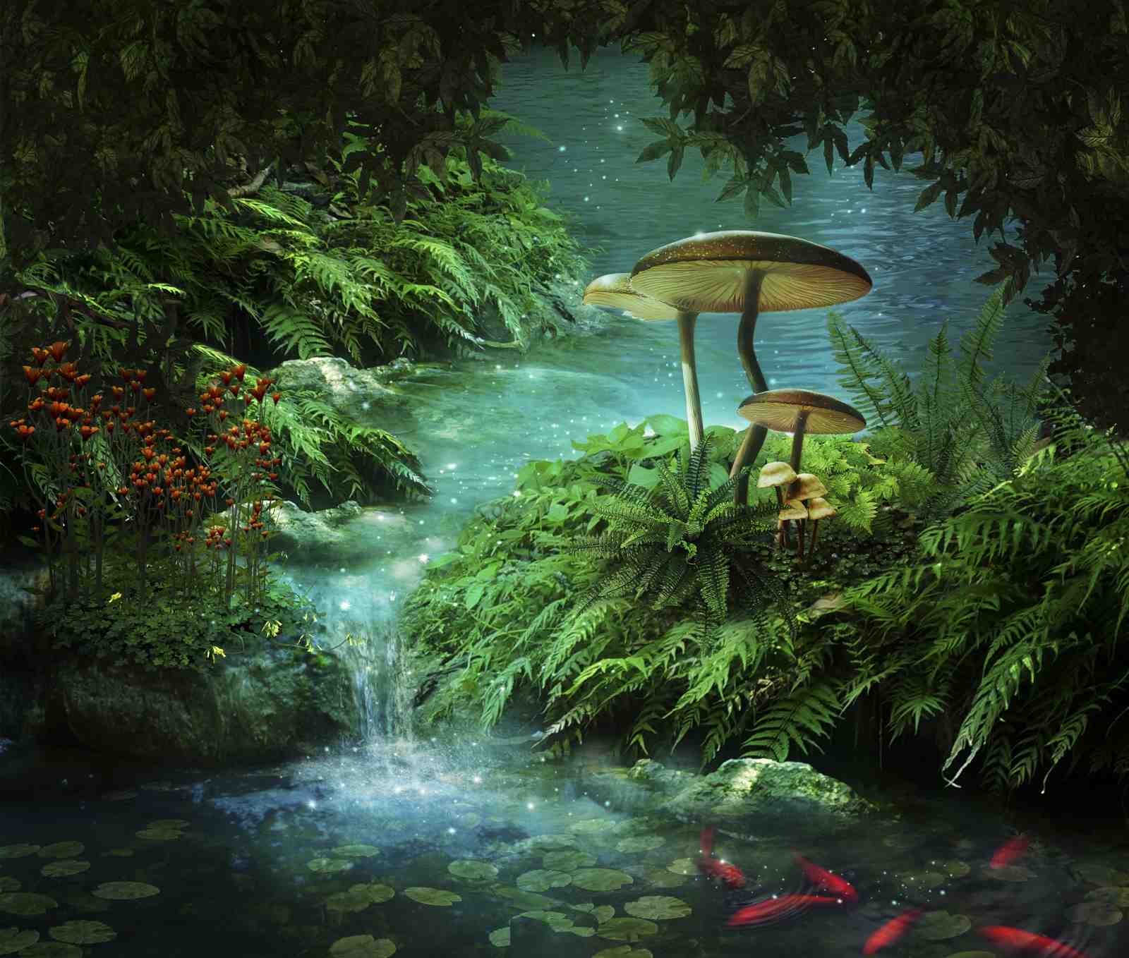 Enchanted Forest Waterfall & Mushrooms Wall Art