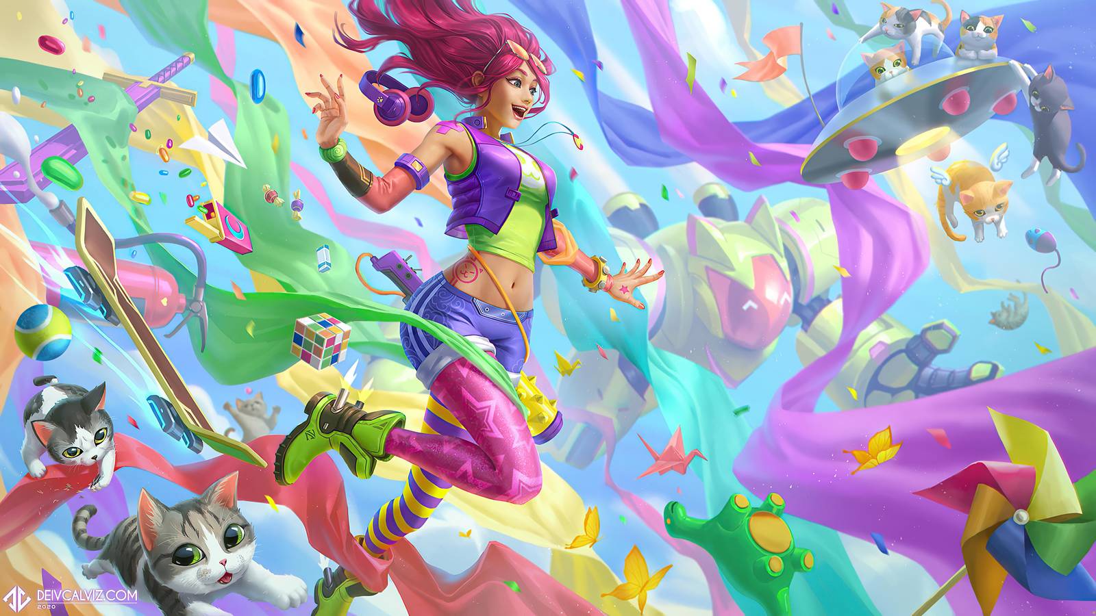 Vibrant Gamer Girl & Cats Wall Art