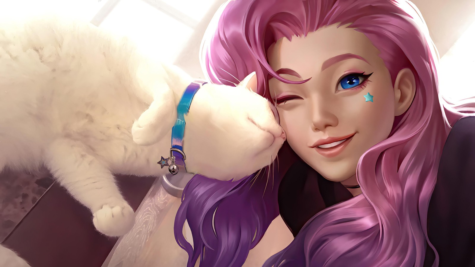Kawaii Star Girl & White Cat Wall Art