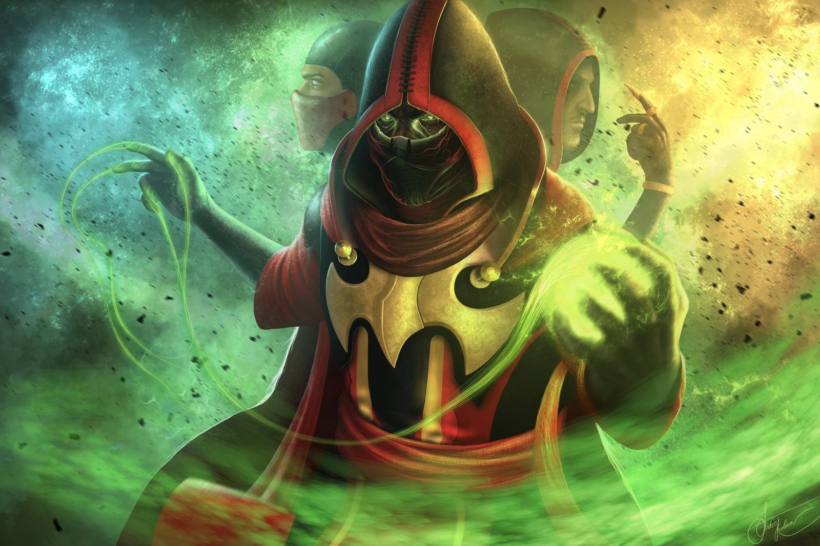 Mysterious Hooded Figure Green Energy Wall Art
