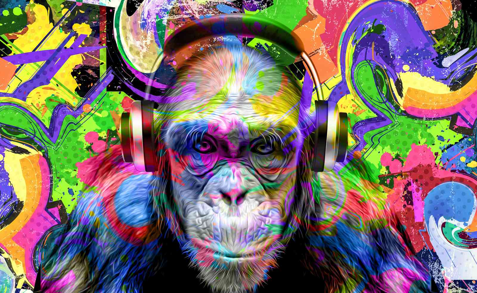 Vibrant Monkey Headphones Graffiti Wall Art