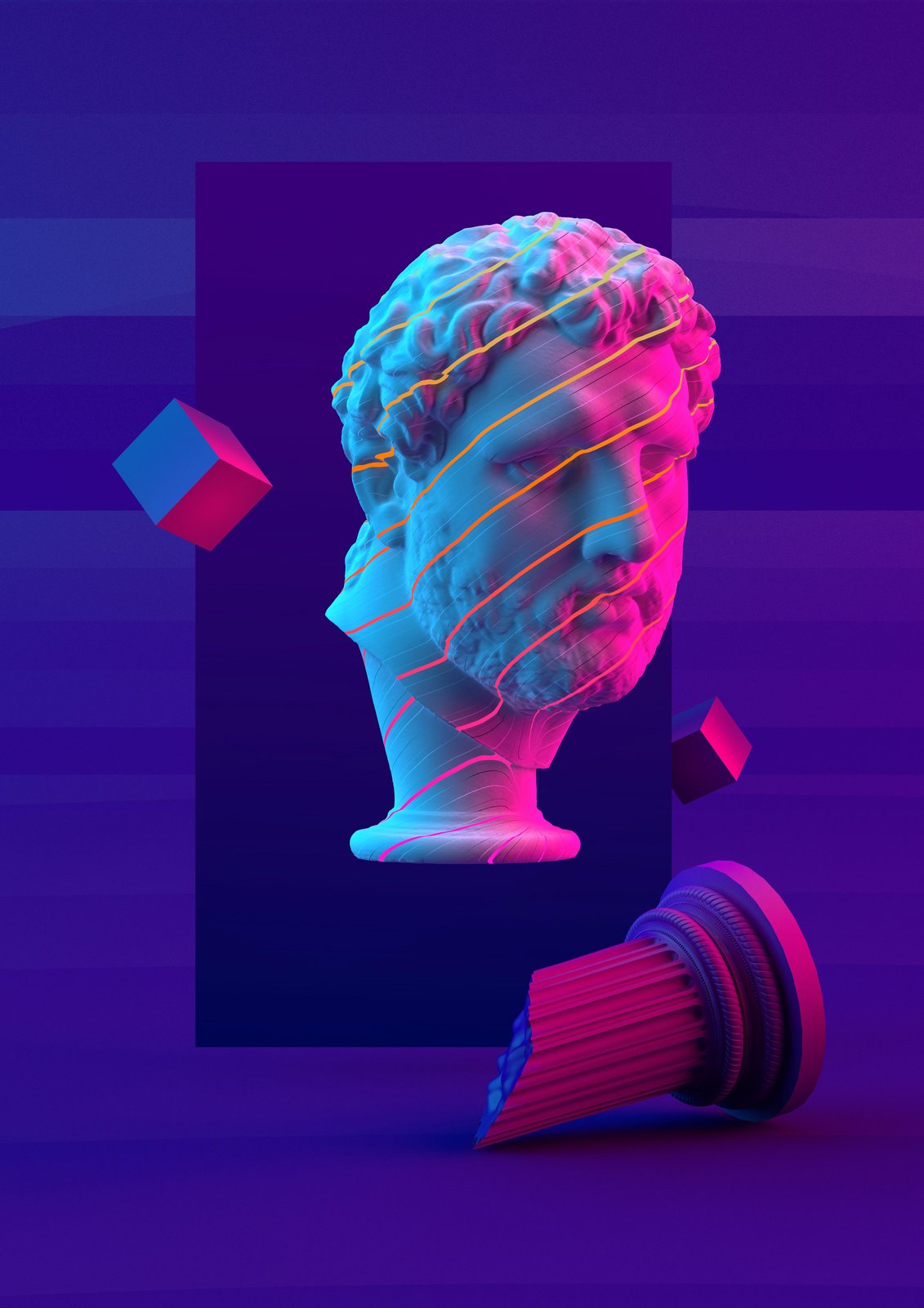 Neon Glitch Ancient Bust Wall Art